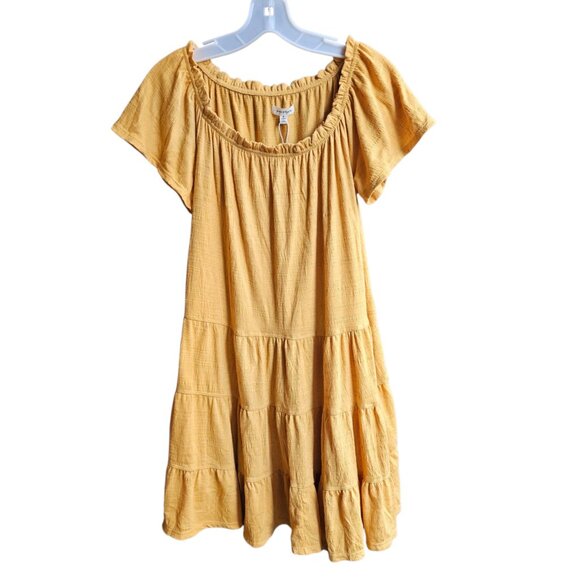 💫NWT Max Studio Yellow Boho Tiered Babydoll Flutter Sleeve Mini Dress Size S - Picture 1 of 13